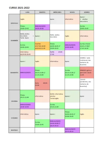 HORARIOS ACTIVIDADES CURSO 2021/2022